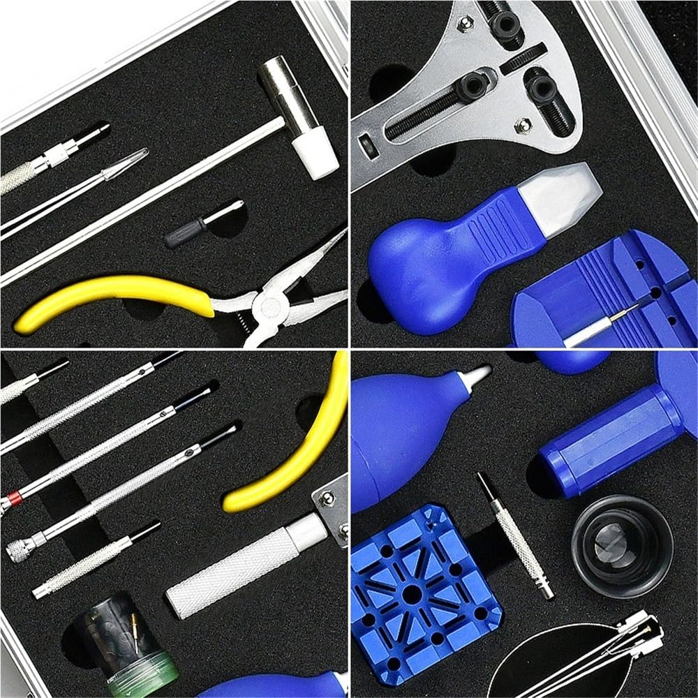 Professionelles Komplettset für Uhrenreparaturen – Aluminiumlegierungsbox für mechanische und Quarzuhren (gelb)