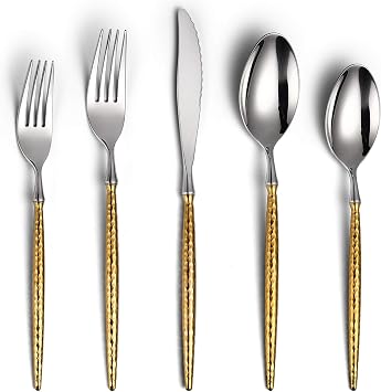 Lemeya 20-Piece Hammered Silver Gold Silverware Set,18/10 Stainless Steel Forging Heavy Duty Cutlery Set for 4, Luxury Unique Flatware Set,Spoons and Forks Set,Mirror Polished,Dishwasher Safe