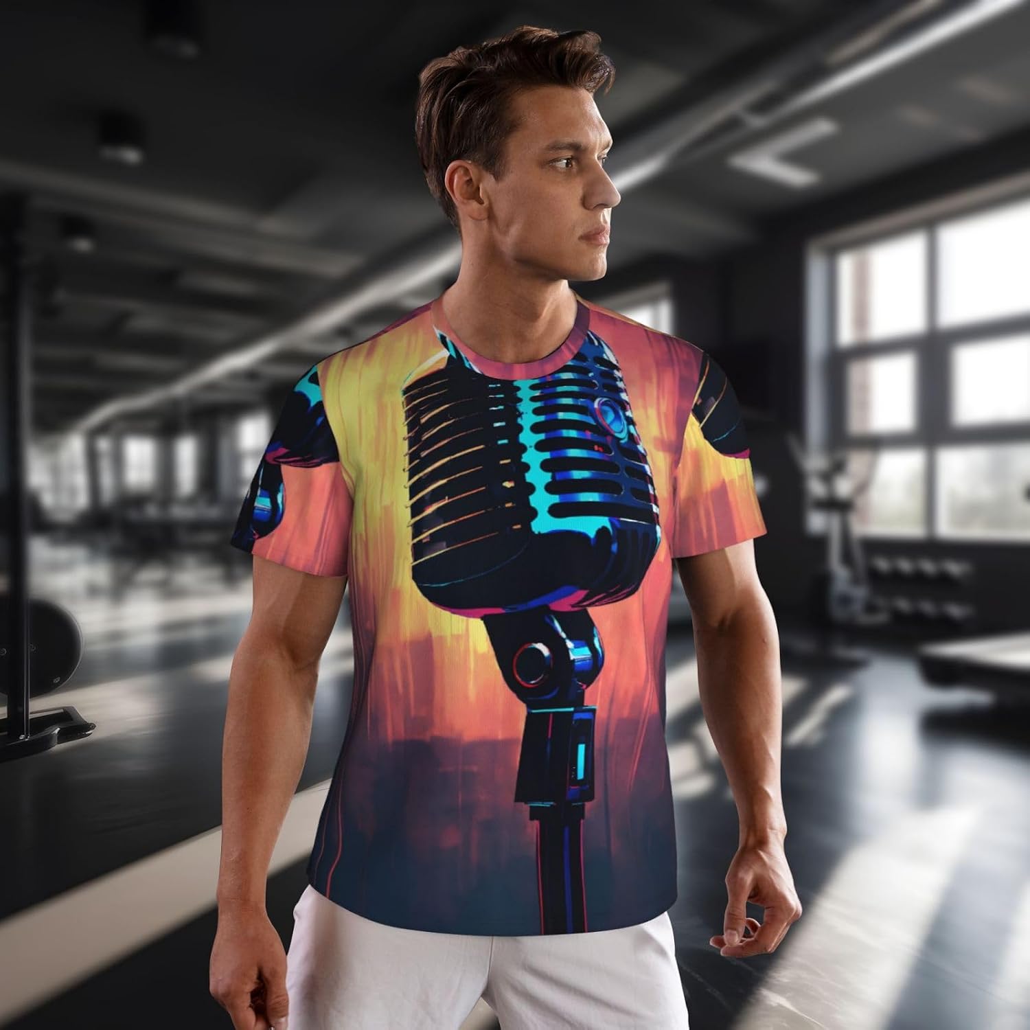 Microphone with Music Note Print Mens Short Sleeve Mesh T-Shirt Breathable Athletic Gym Running Casual Sports Wear