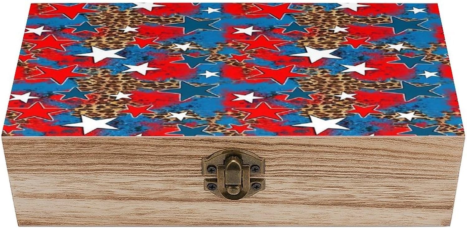 Patriotic Red White Blue Star Leopard Print Jewelry Box