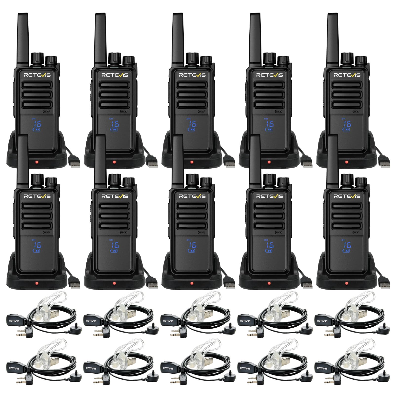 Retevis RT668H Walkie Talkie Profesional, Walkie Talkies con Pantalla, Walkie Talkie Recargable USB C, PMR 446 Walkie-Talkies con Auriculares VOX para Comercial, Hotel (10 Pcs, Negro)