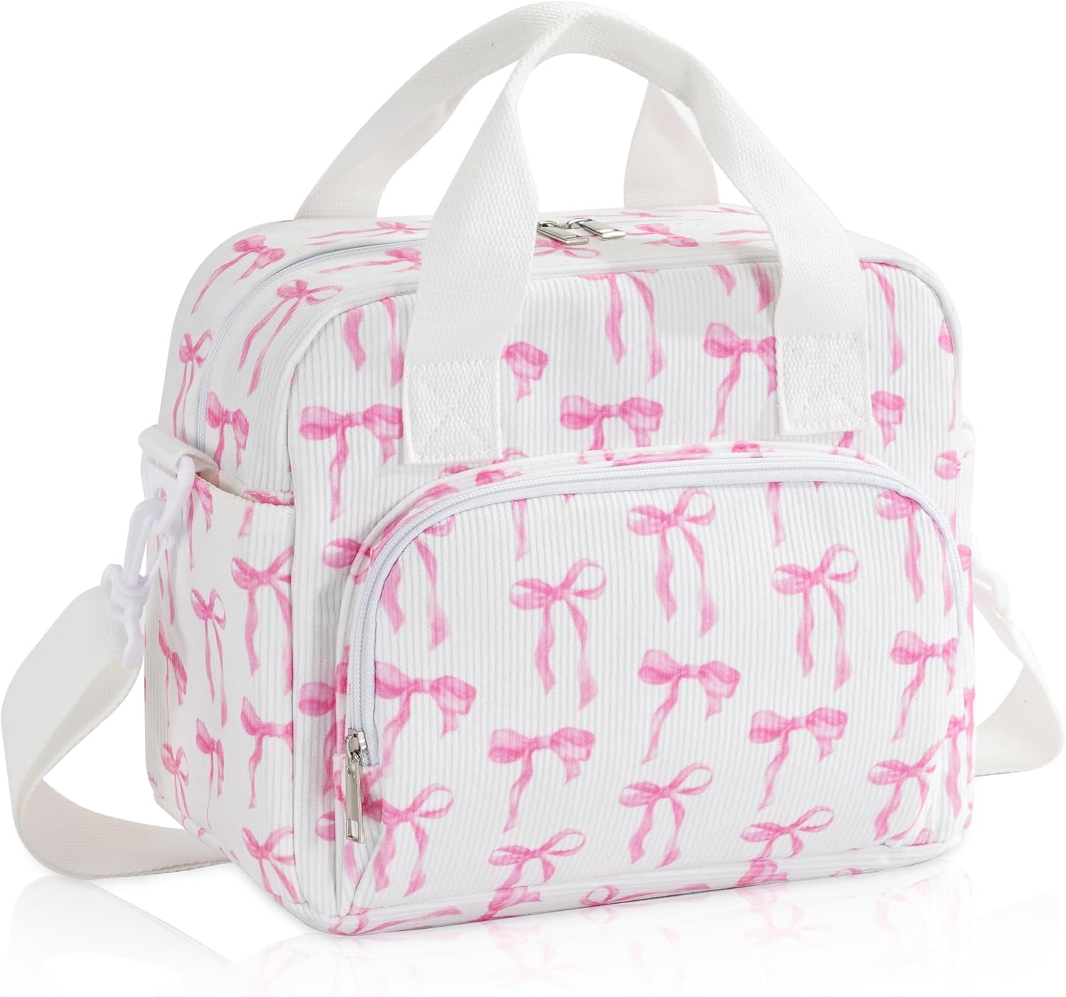 Large Lunch Bag for Women Insulated Lunch Box Reusable Cooler Bag Portable Cute Corduroy Leakproof Tote Bags for Travel, Work, and Picnic, Ribbon Bow