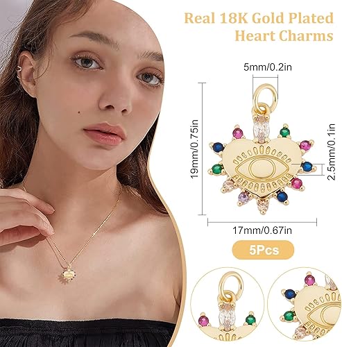 Miniatura 2 de Beebeecraft 5 unidadescaja de dijes de mal de ojo chapado en oro de 18 quilates con corazón de latón con ojo turco colgantes con circonita cúbica