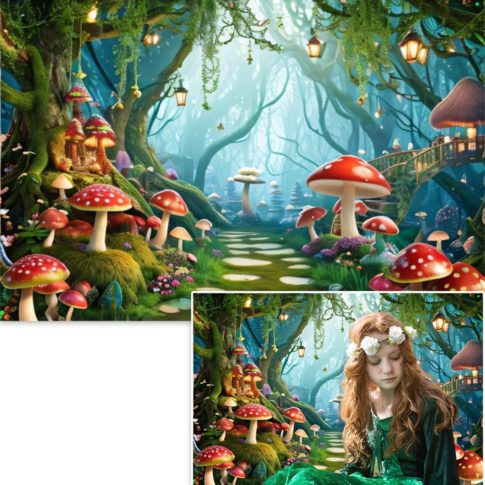 DASHAN 7x5ft Fairy Enchanted Forest Mushroom Backdrop for Photography Magic Garden Wonderland Photo Backdrop Fairy Party Background Banner for Kids