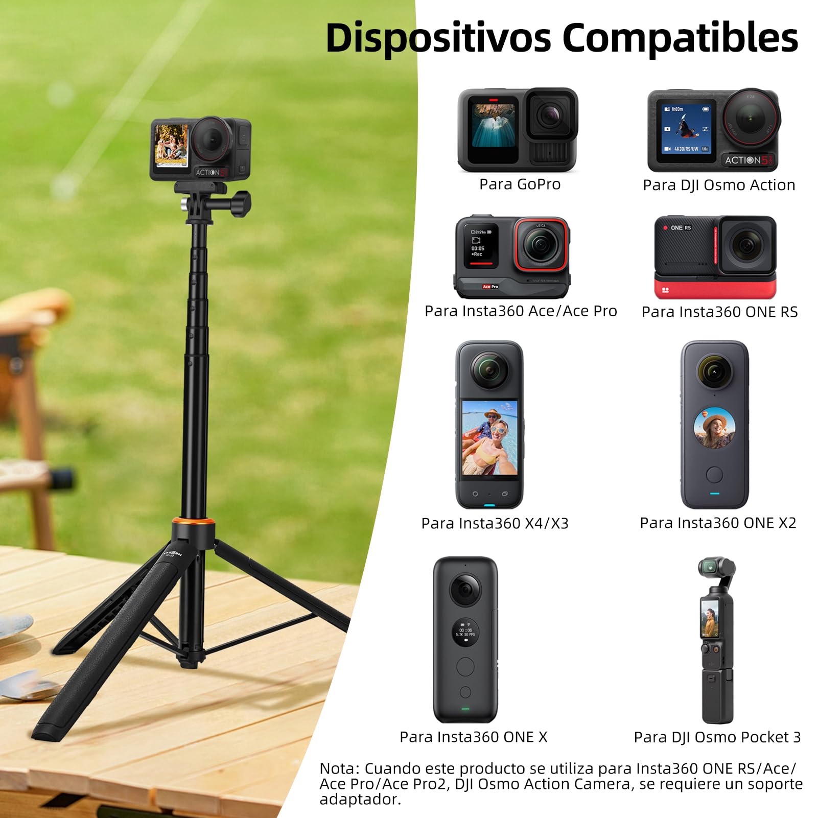 Palo Selfie Telescópico de 136 cm con Trípode Incorporado para GoPro Hero 13/12/11/10/9/Max, dji Osmo Pocket 3, Osmo Action 5 Pro/4, Insta 360 Ace Pro, AKASO EK7000 y Otras Cámaras de Acción