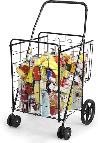 Happygrill Carrito plegable de compras de comestibles, carrito de metal con doble cesta antideslizante y ruedas giratorias, carrito utilitario