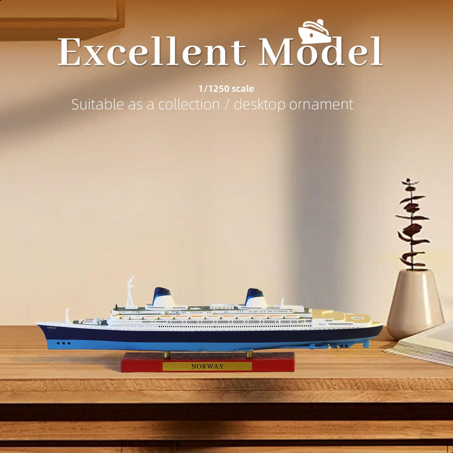 Maquette de Bateau de croisière SS Norway au 1/1250, modèle Classique en Alliage métallique moulé sous Pression, légendaire paquebot norvégien, avec Socle en Bois, pour Collection ou Cadeau.