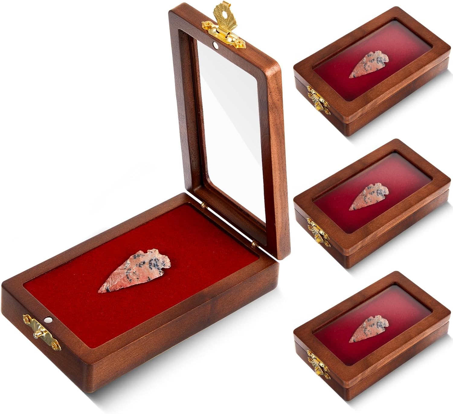 LemonRoad 4 Pcs Arrowhead Display Case American Small Arrowhead Display Box, Wood Shadow Case Cabinet for Gift, Collectibles, Coin, Knives, Arrows, Pins, Medals, Spears, Crystal Stones (Red Sponge)
