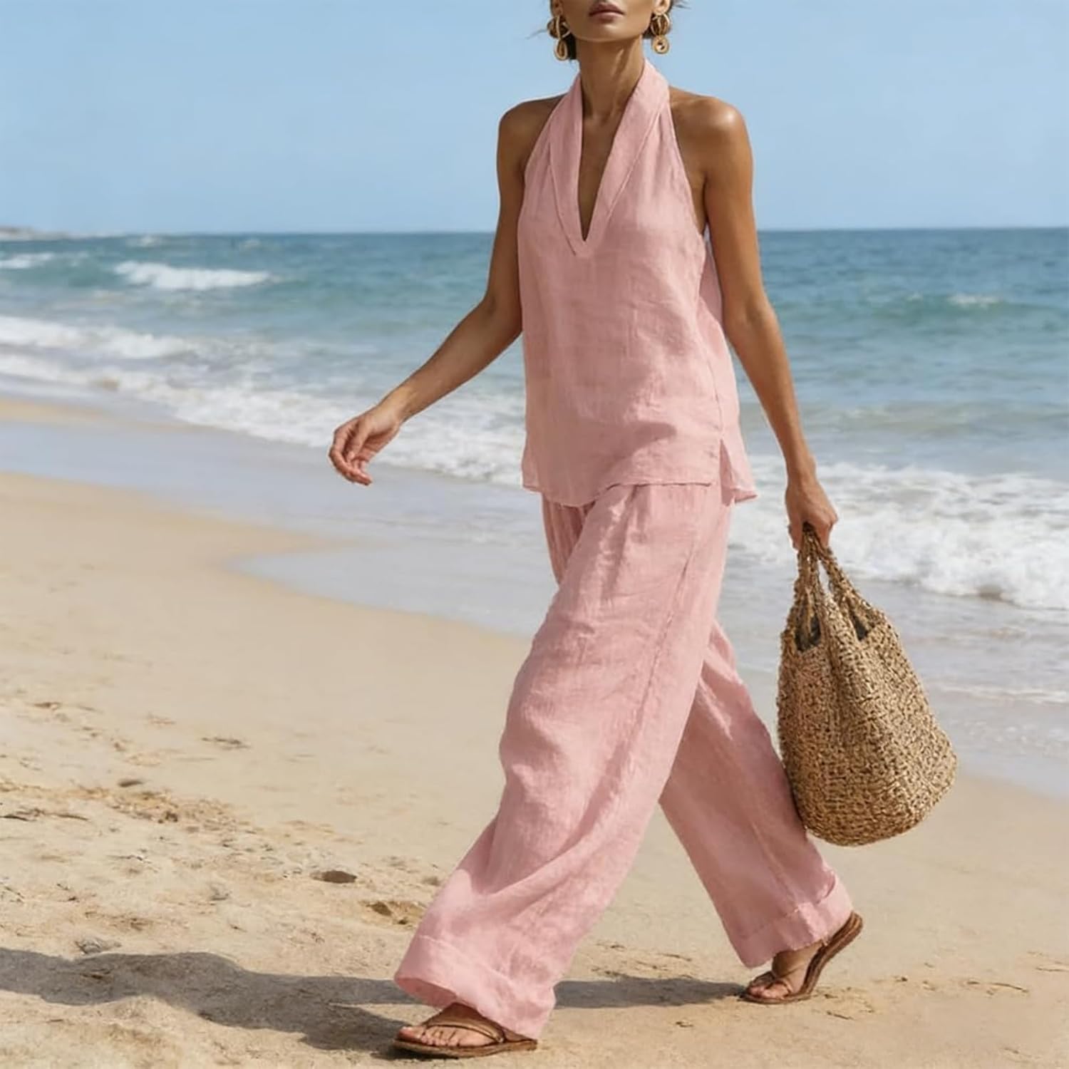 Casual and Cozy Minimalist Linen Two-Piece Set, V-Neck Sleeveless Top and Wide Leg Pants Set, Soft & Breathable Fabric