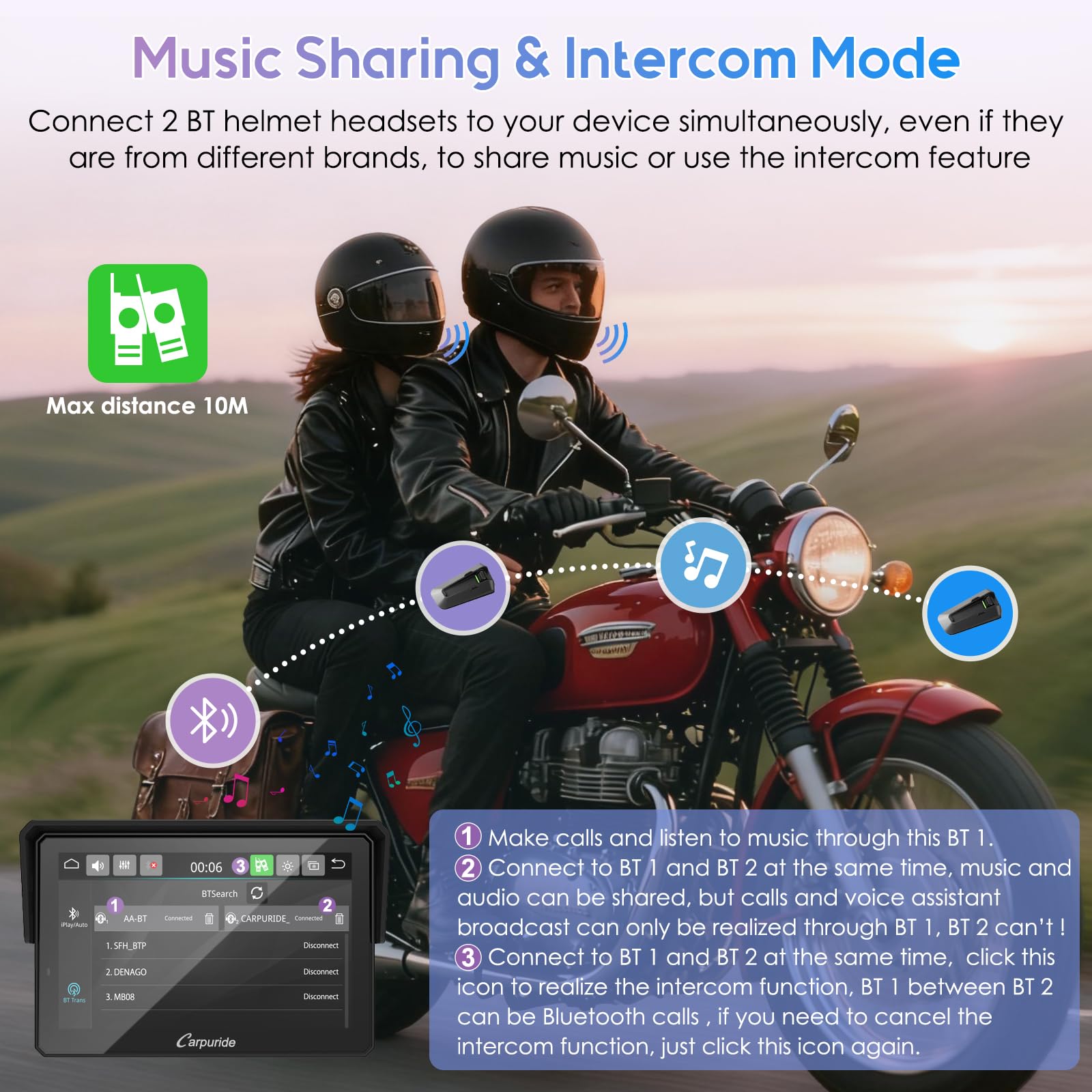 Carpuride W502TPRO do motocykli z CarPlay i Android Auto, TPMS i podwójnym Bluetooth – 5-calowy wodoodporny ekran nawigacji GPS do motocykli, interkom, korektor, czujnik światła, kompas, barometr