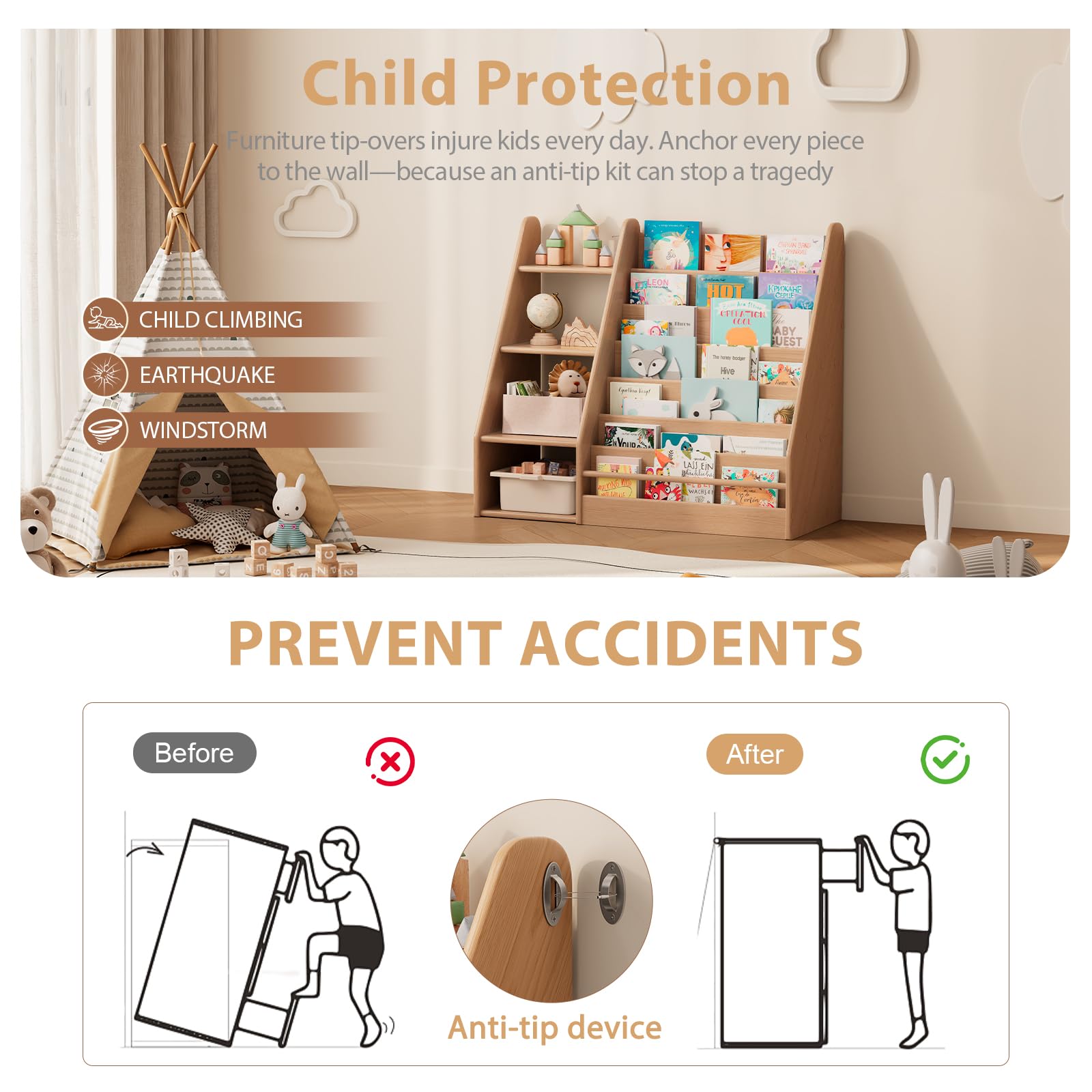 YQJJGL Librería infantil de madera maciza, 7 niveles, madera natural