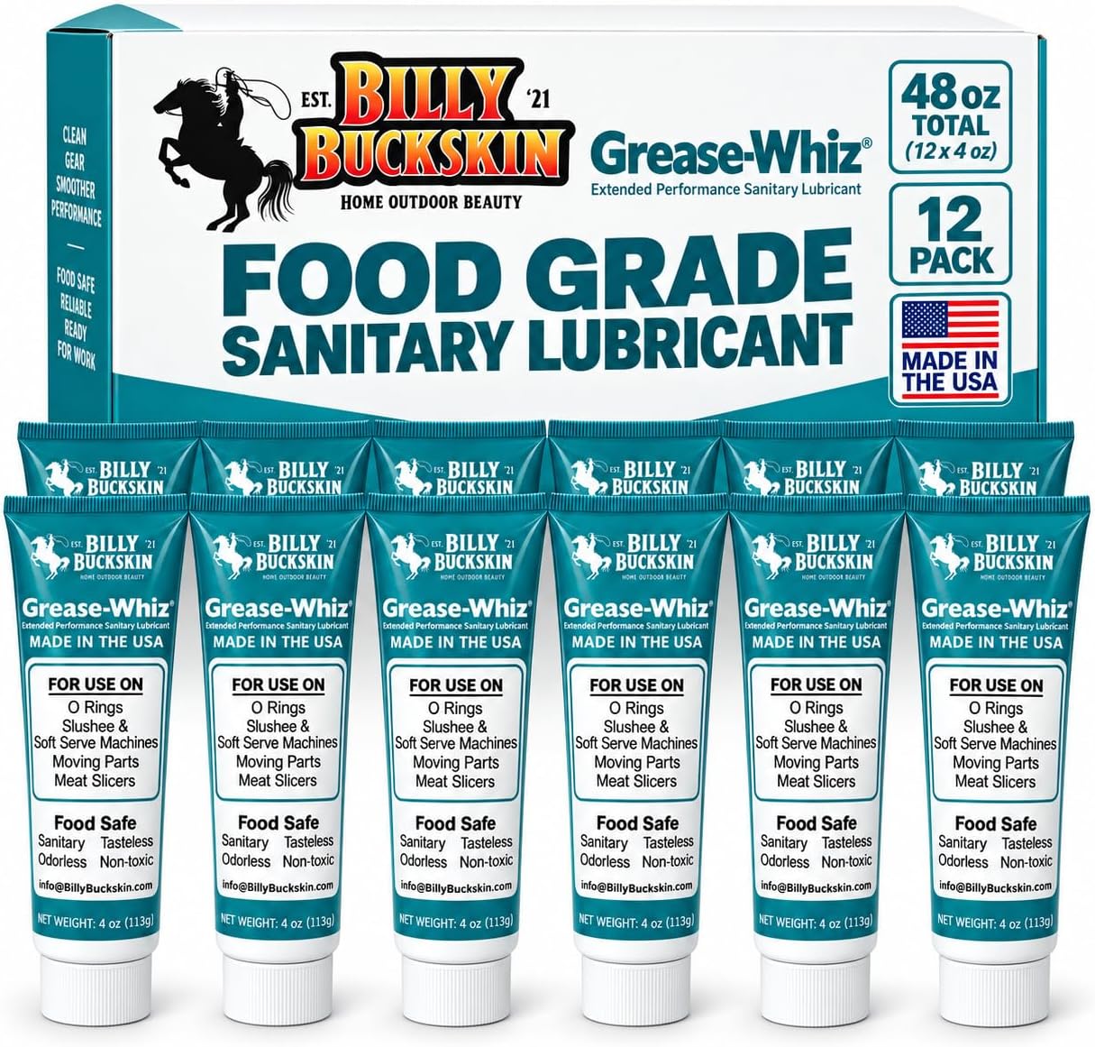 - Billy Buckskin Grease-Whiz Food Grade Grease Lubricant, 4oz, 12-Pack