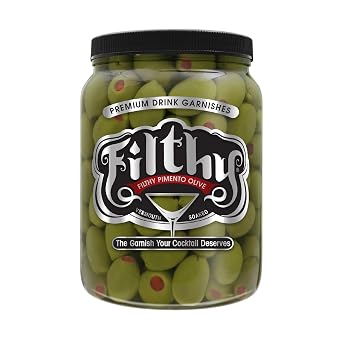 Filthy Food Filthy Pimento Stuffed Olive Case - Premium Martini Garnish - صنع في الولايات المتحدة الأمريكية ، غير معدّل وراثيًا وخالي من الغلوتين - 64 أوقية ، 1 كونت