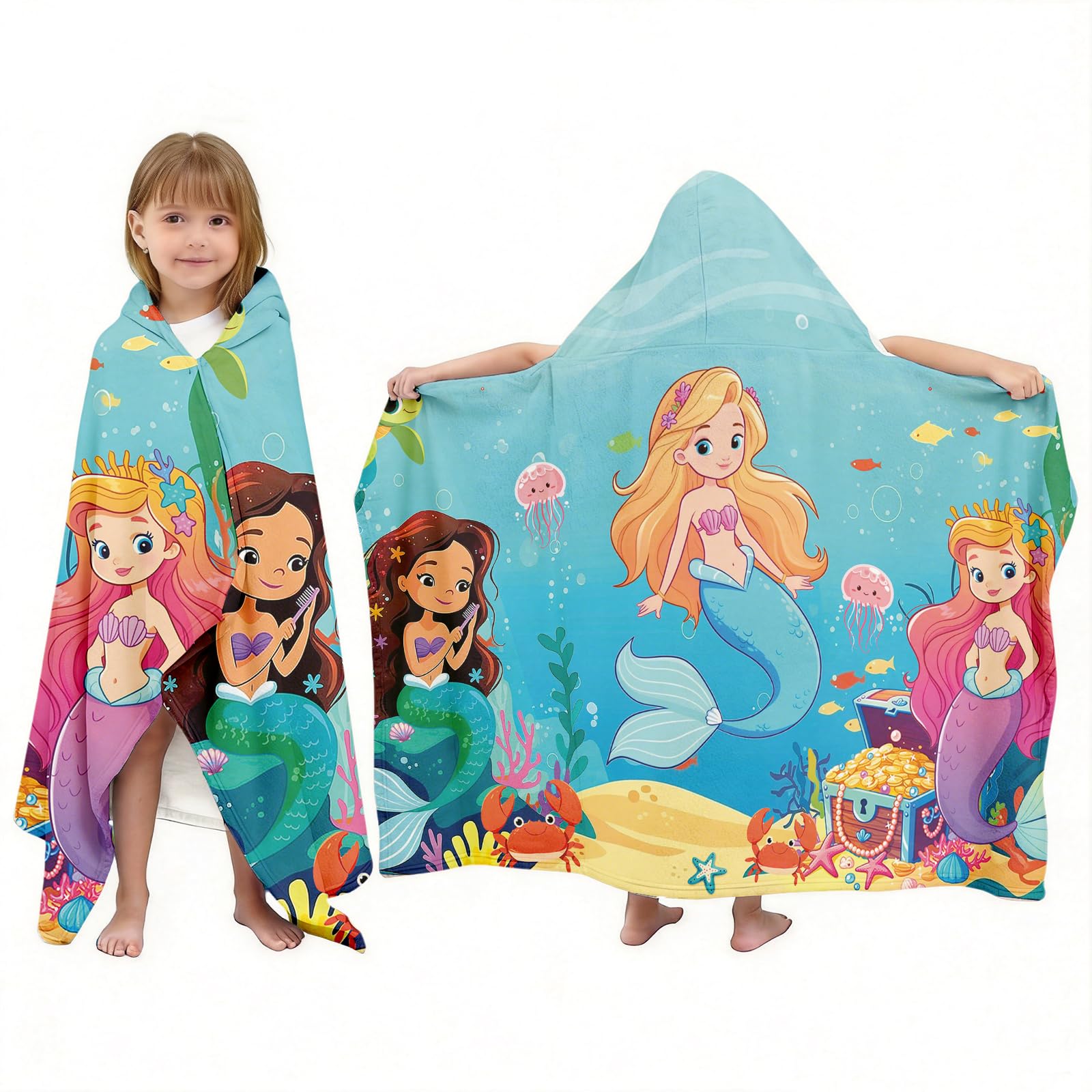 NEIUJADK Kids Mermaid Hooded Bath Towel for Girls 3-10, 30"x50" Soft Absorbent Cotton Wearable Poncho Beach Towel with Hood & Snap Buttons