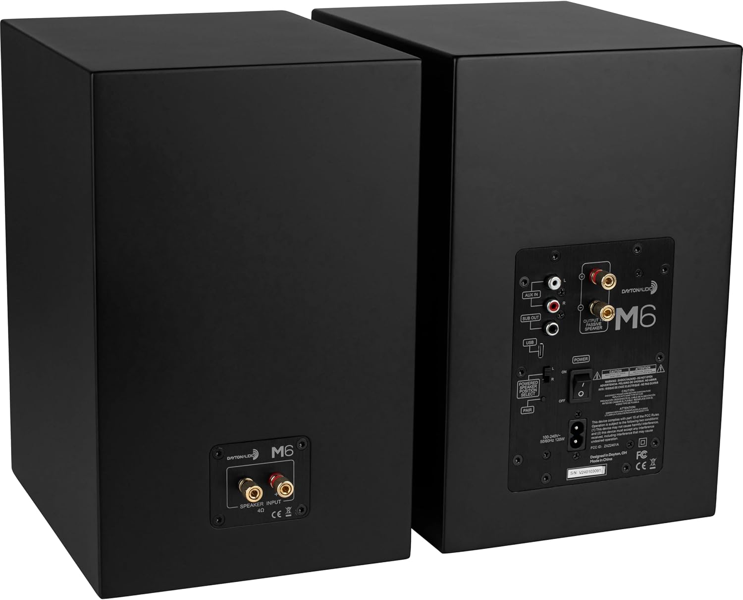 belakang view of both Dayton Audio M6 speakers showing connections