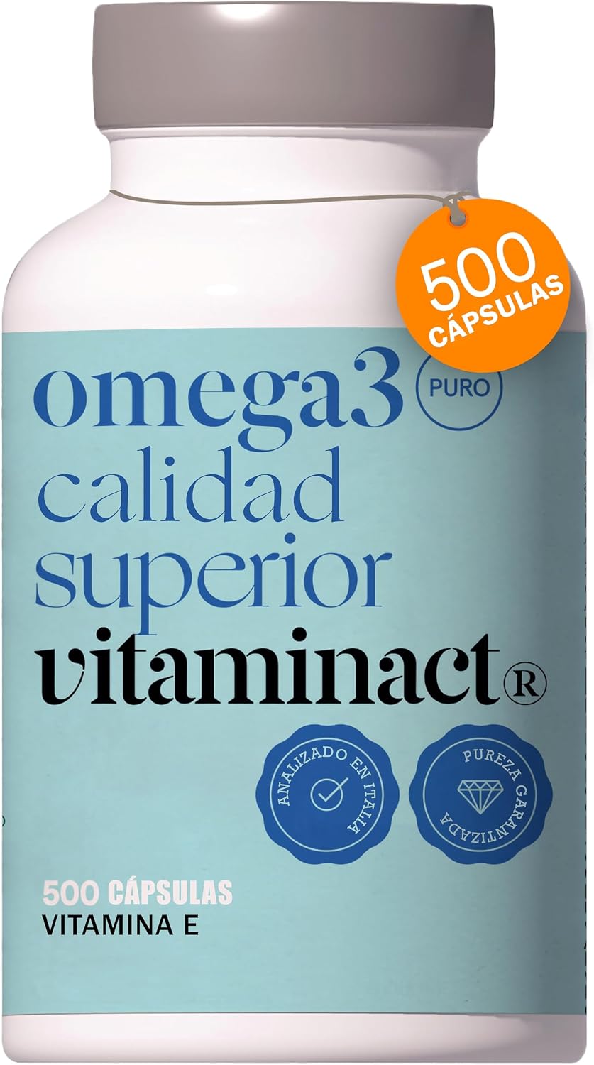 Omega 3 con Vitamina E Natural - 500 Cápsulas - 2000mg de Aceite de Pescado Puro por Dosis en Forma de Triglicérido Para una Absorción un 70% Mayor - 600 mg de EPA y DHA por Dosis -Fabricado en España - Amazon product rated Grade A