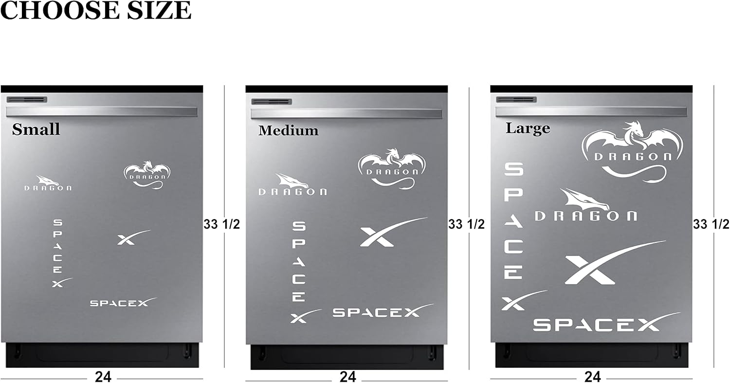 Spacex Vinyl Decal Set, 5-Stickers: 2 Spacex, 2 Dragons, 1 X (Silver, Small)