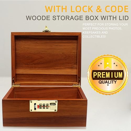 Miniatura 2 de Caja de madera grande decorativa de madera con cerradura de combinación con tapa con bisagras, caja de acacia con cerradura para recuerdos, objetos