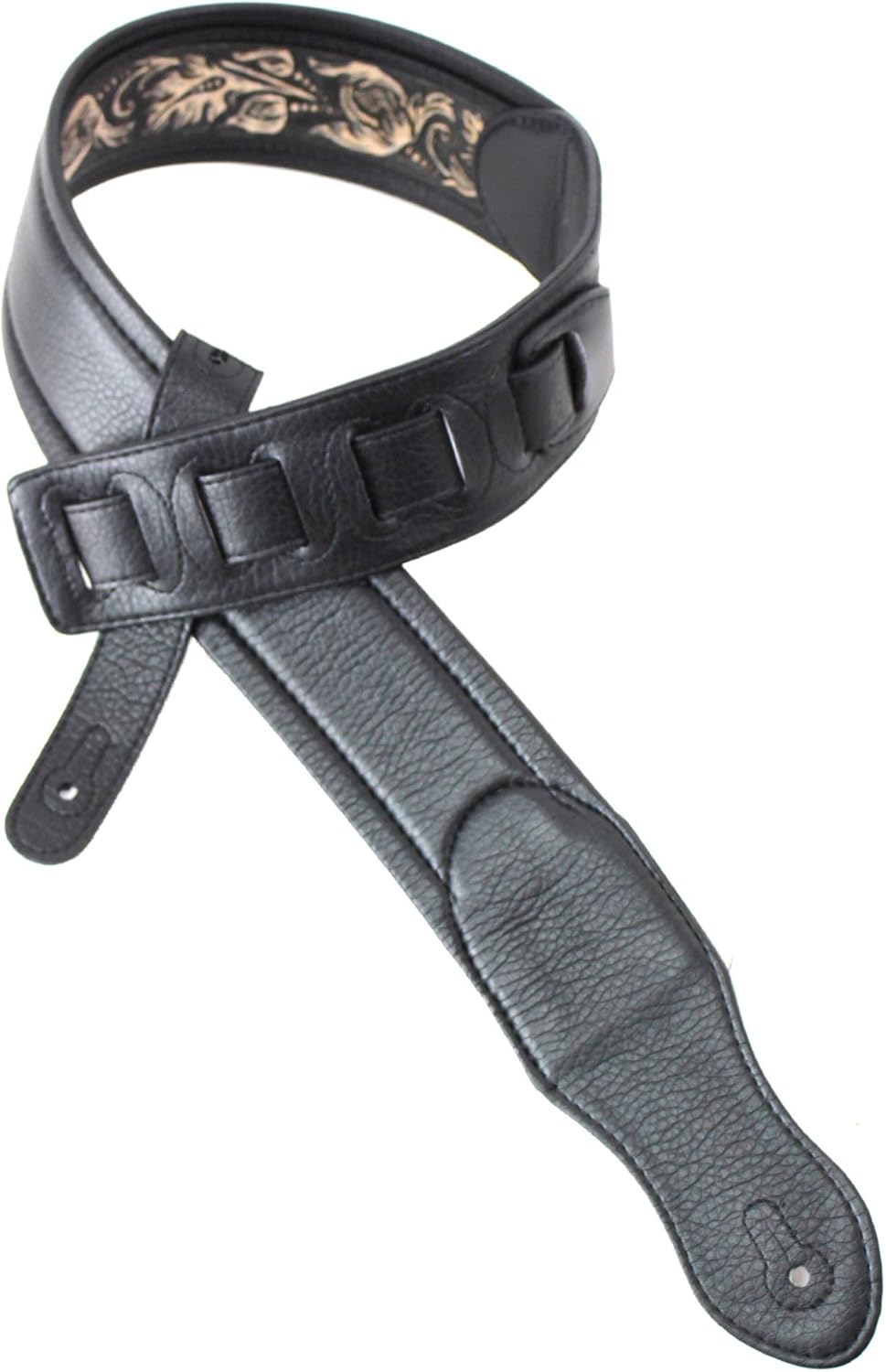 Walker & Williams KB-04-BLK Black Full Grain Handmade Center Block Premium Carving Leather Padded Guitar Strap With Banner Eagle And Vines For Acoustic, Electric, And Bass Guitars