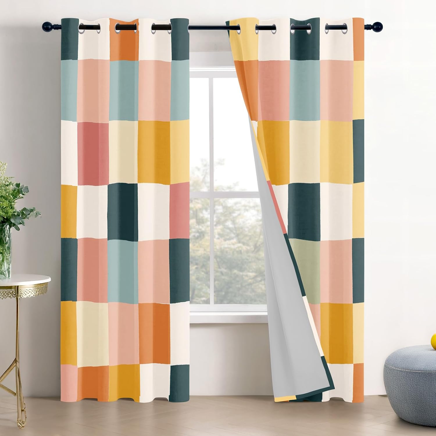 Checkerboard Curtains 63 Inch Length - 70s Retro Checkered Colorful Plaid Patterned Blackout Curtains for Living Room Bedroom, Room Darkening Grommet Drapes Window Treatments, 2 Panel Set