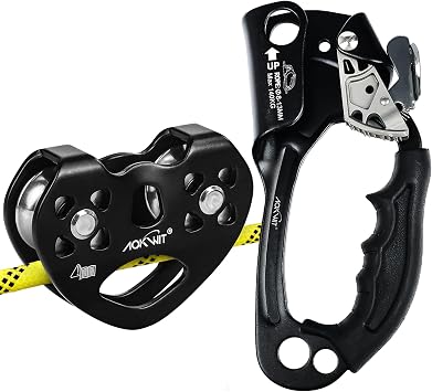 Hand Ascender with Ergonomic Rubber Handle Strong Rappelling Gear Equipment and Zip Line Pulley Durable Aluminum Stainless Steel Roller Double Climbing Pulley for Hauling Rock Climbing Tree Arborist