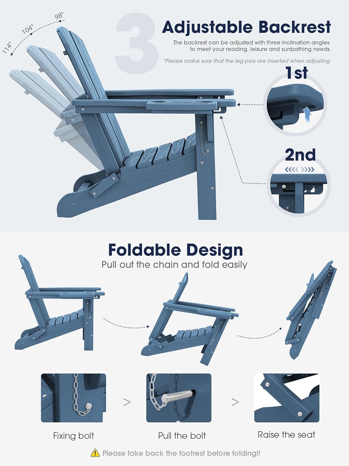 KINGYES Adjustable Folding Adirondack Chair with Footrest & 4-in-1 Multi-Functional Armrest Organizer, HDPE Foldable Recliner Adirondack Chair with Pull-Out Ottoman, Blue