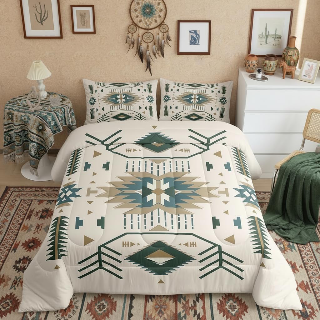 Homewish American Southwest Bedding Set Full Size Indian Tribal Aztec Style Comforter Set for Kids Teens Adults Women Bedroom Decor Geometric Abstract Arrow Quilt Set Boho Beige Duvet Insert 3pcs