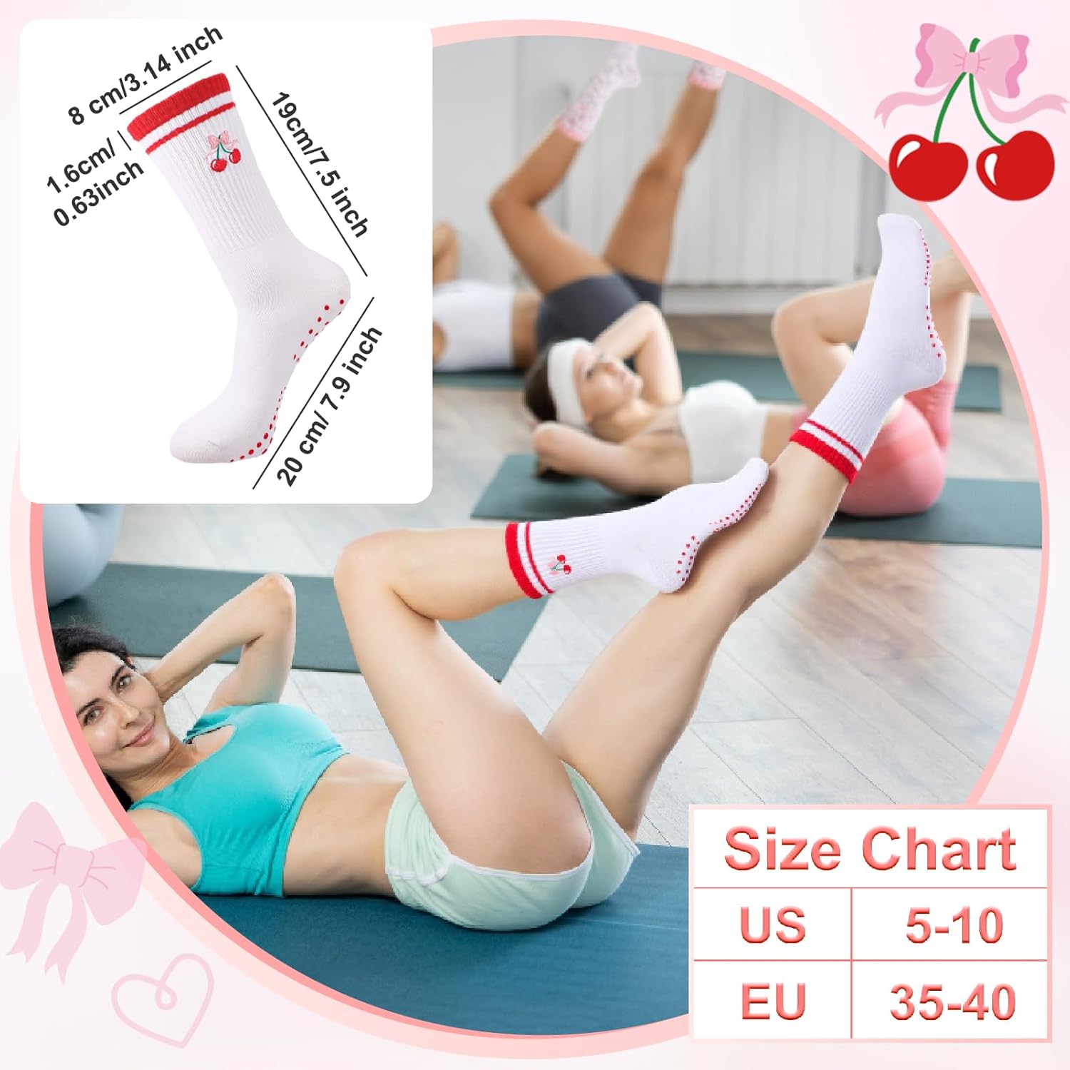 6 Pairs Cute Pilates Socks for Women Ruffle Cuff Grips Yoga Embroidery Ballet Socks - Image 4