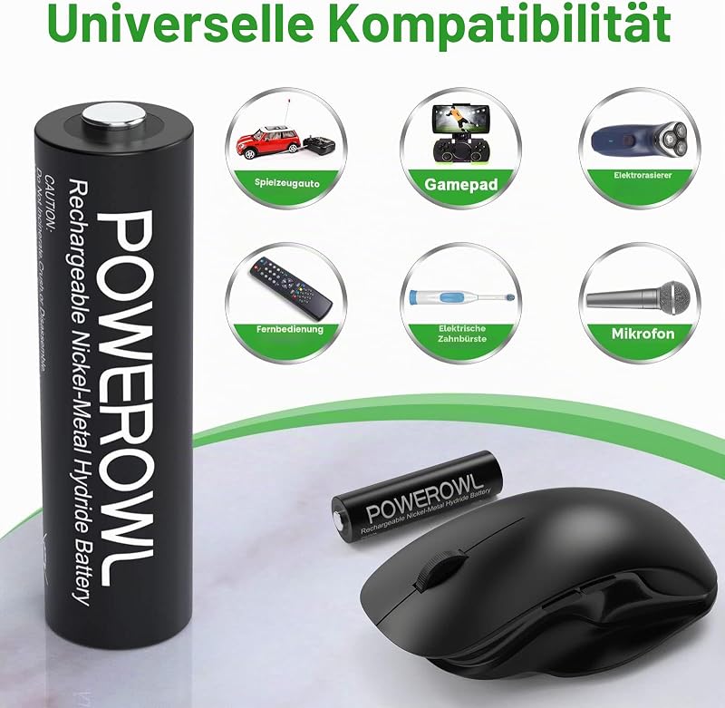 Acumulatori reîncărcabili POWEROWL AA Ni-MH 2800 mAh, set de 8 bucăți cu încărcător pentru 4 sloturi, încărcare rapidă USB și canale independente, pentru dispozitive AA