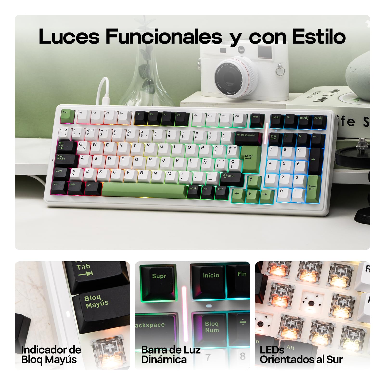 MechLands Aula F99 96% Teclado para Gaming Con Cable, Distribución QWERTY Español, Creamy Teclado Mecánico Con Junta, Retroiluminación RGB, Hot Swap, Interruptor Lineal Prelubricado (Negro Verde)