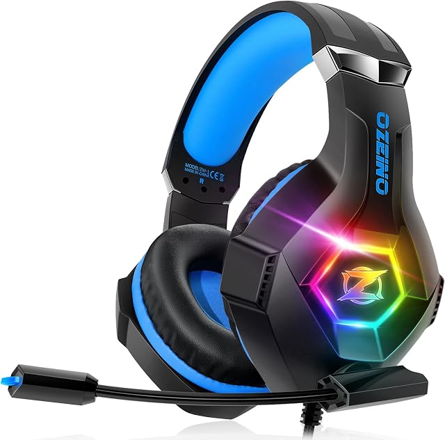 Ozeino Gaming Headset for Ps5 Ps4 PC, Over Ear Gaming Headphones with Noise Cancelling Microphone RGB Light, Deep Bass Stereo Sound Headset for Xbox Series X/S, Switch, Laptop, Mac, Phone