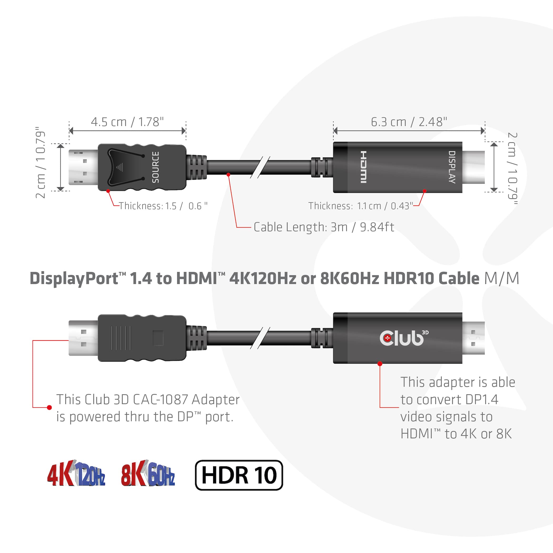 CABLE CLUB3D DISPLAYPORT 1.4 HDMI HDR 8K60HZ ACTIVO 3M
