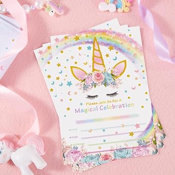 20 Sets Unicorn Party Invitations - Unicorn Party Suppies for Girls Birthday Invitation Cards with Envelopes Fill-in Blank Invite for Kids Summer Baby Shower Decoration