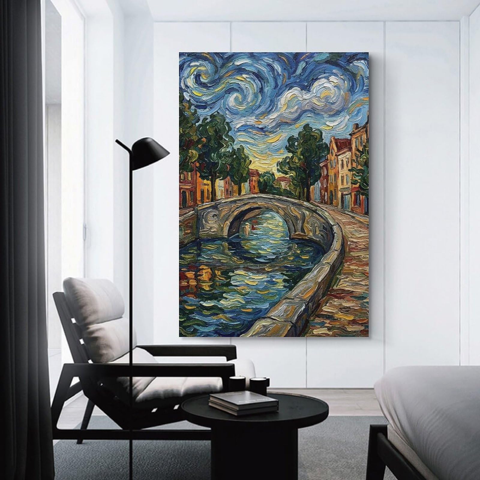 Junmoney Impressionist Canal Bridge at Sunset Home Decor Wall Art, 24x36inch(60x90cm), for Home Walls, Creative Rooms Or Shared Spaces, An Adaptable Decor Piece for Home Use