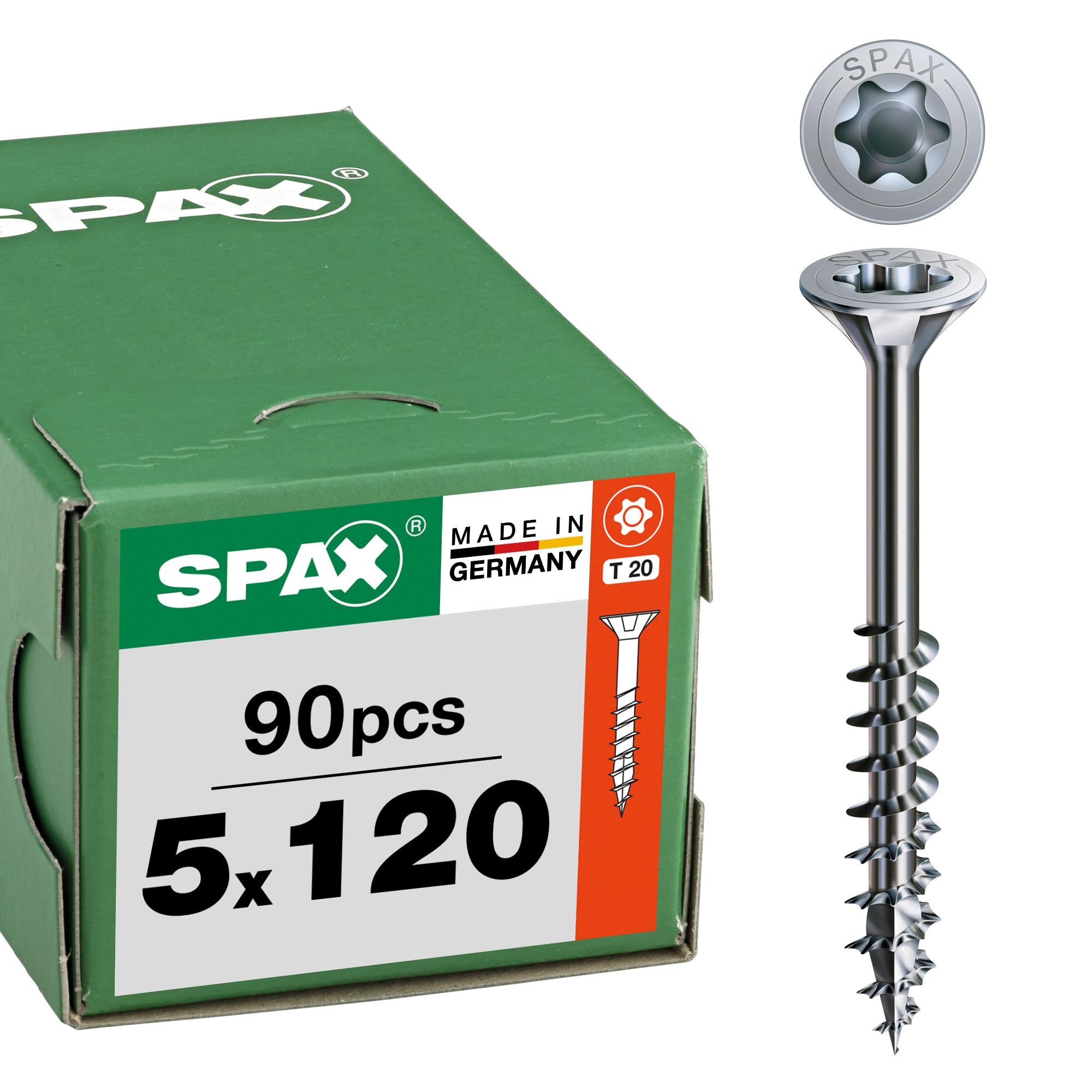 SPAX Universalschraube 5 x 120 mm, 90 Stück - Holzschrauben, Teilgewinde, Senkkopf, T-STAR plus T20, 4CUT Spitze, WIROX Beschichtung - 8000000288333