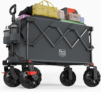 Timber Ridge Outdoor Collapsible Folding Wagon with Brakes and Cup Holders, 500lbs Heavy Duty All Terrain Wheels Utility Cart for Shopping Camping Garden Sports, Grey