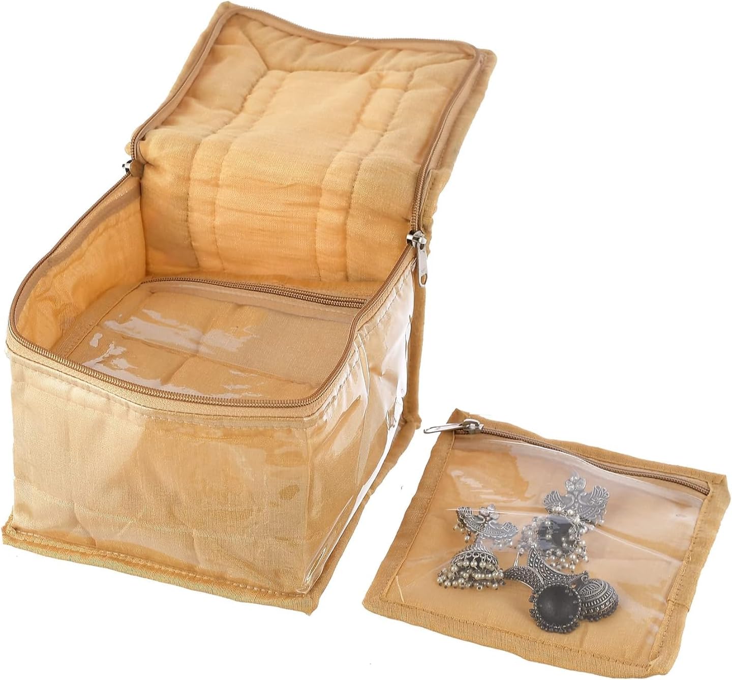 Pack of 2 Jewellery Storage Bag | Flower Design PVC Laminated Makeup Pouch | Square Travel Kit with 10 Tranasparent Pouches | Bag for Necklace-Bracelet-Earing-Bangles | Gold