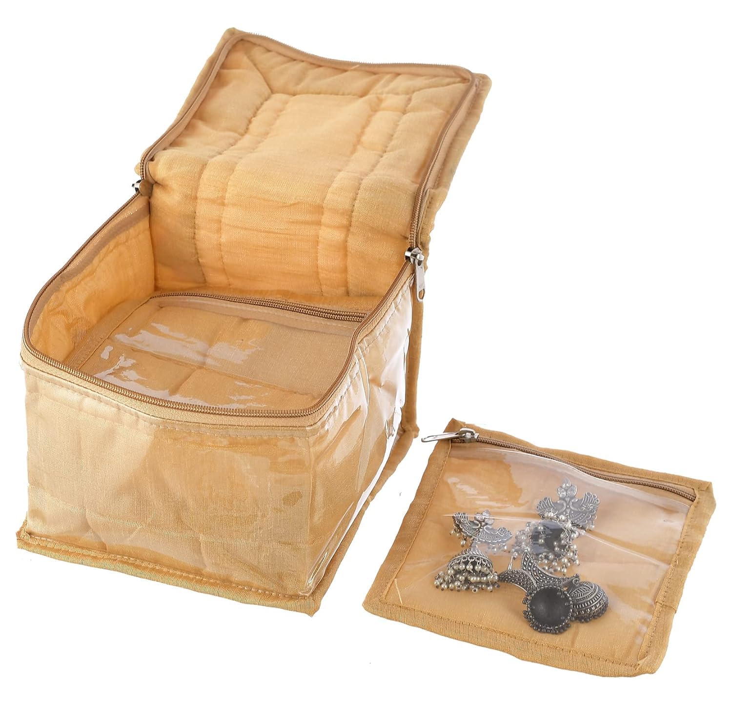 Kuber Industries Polyester Jewellery Kit | Cosmetic Storage Box | Travel Pouch | Jewellery Box for Women | Jewellery Makeup Organizer | 10 Different Pouch | Flower Printed | Gold