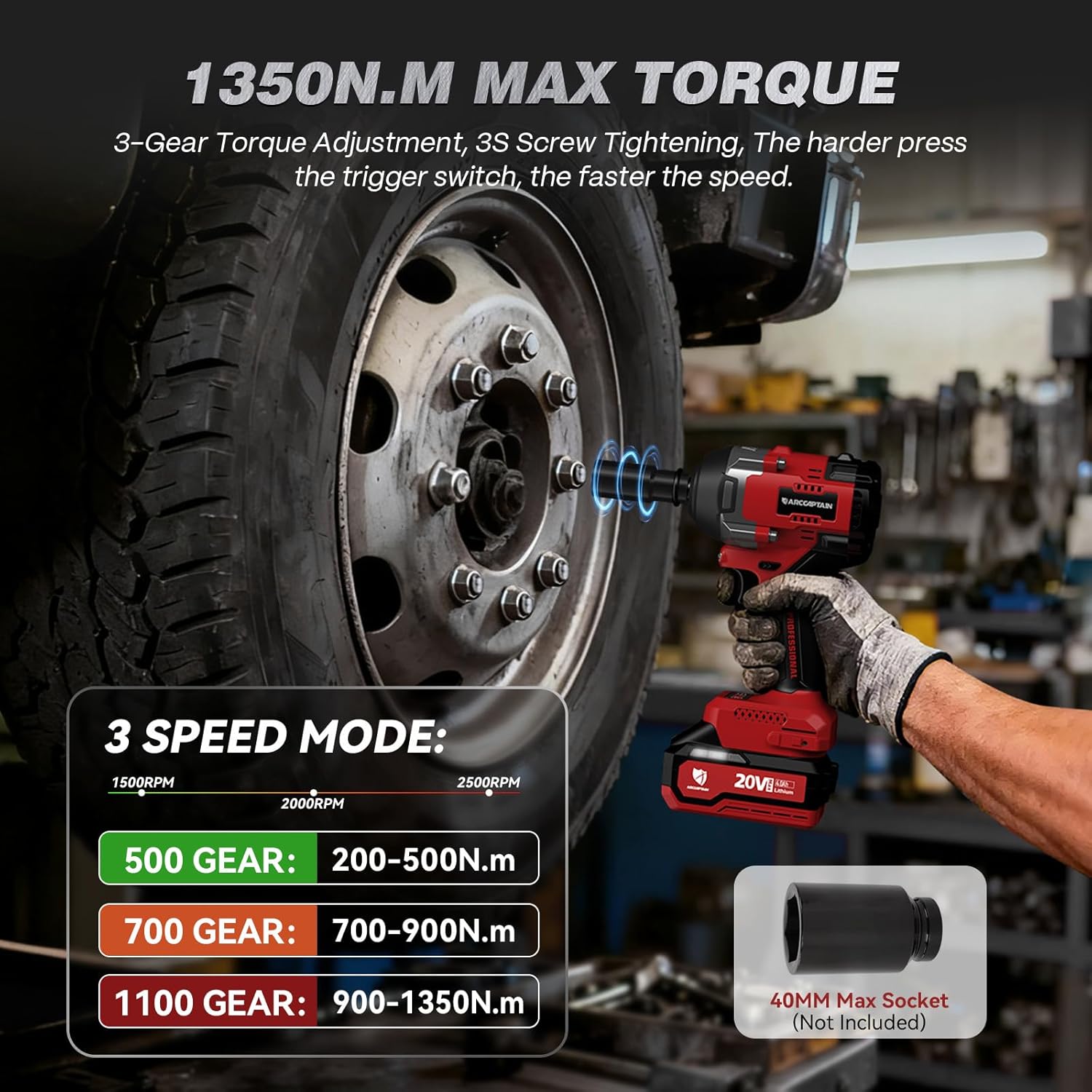 ARCCAPTAIN Cordless Impact Wrench, 1350N.m (1000Ft-lbs) 1/2" High Torque Impact Gun, 15C High-Rate 2x4.0Ah Batteries, 20V Power Impact Driver, Supports Up to 40mm Socket for Heavy Truck/Car/Pickup - Image 4