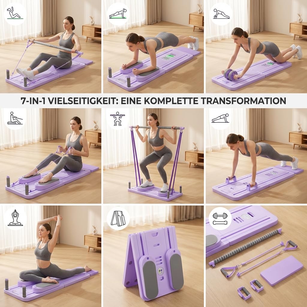 Pilates Board Set für zuhause - Faltbarer Reformer Pilates Maschine, Mini Pilates Reformer Board, Reformer für Pilates Premium - inkl. Timer, Widerstandsbänder, Griffe