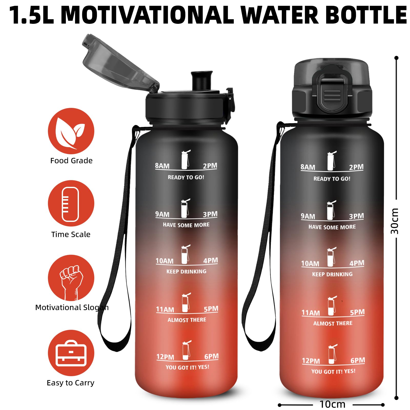 Borraccia 1.5 litri, Borraccia Palestra, Borracce Senza Perdite, Facile da Pulire, Borracce Motivazionale, con Filtro, Bottiglia Graduata, Facile da Trasportare, per Campeggio, Fitness, Corsa, Yoga