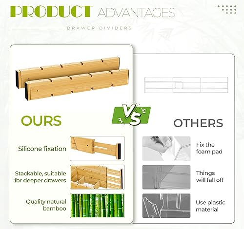 Miniatura 8 de 6 separadores de cajones de bambú con insertos, organizadores de cajones de utensilios de cocina expandibles, organizador de cajones ajustables para