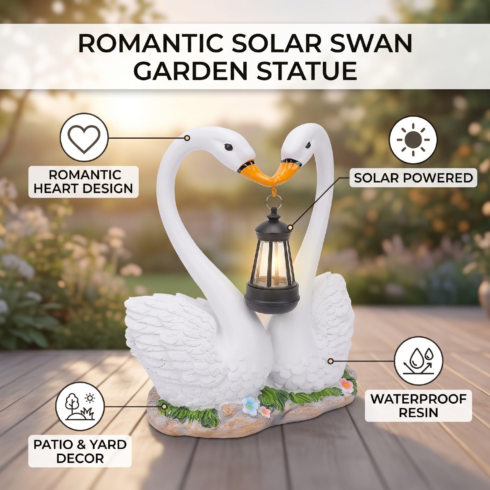Statua da giardino a forma di cigno solare con lanterna sospesa, romantica coppia di cigni in resina, scultura impermeabile per esterni, decorazione per cortile, prato, patio