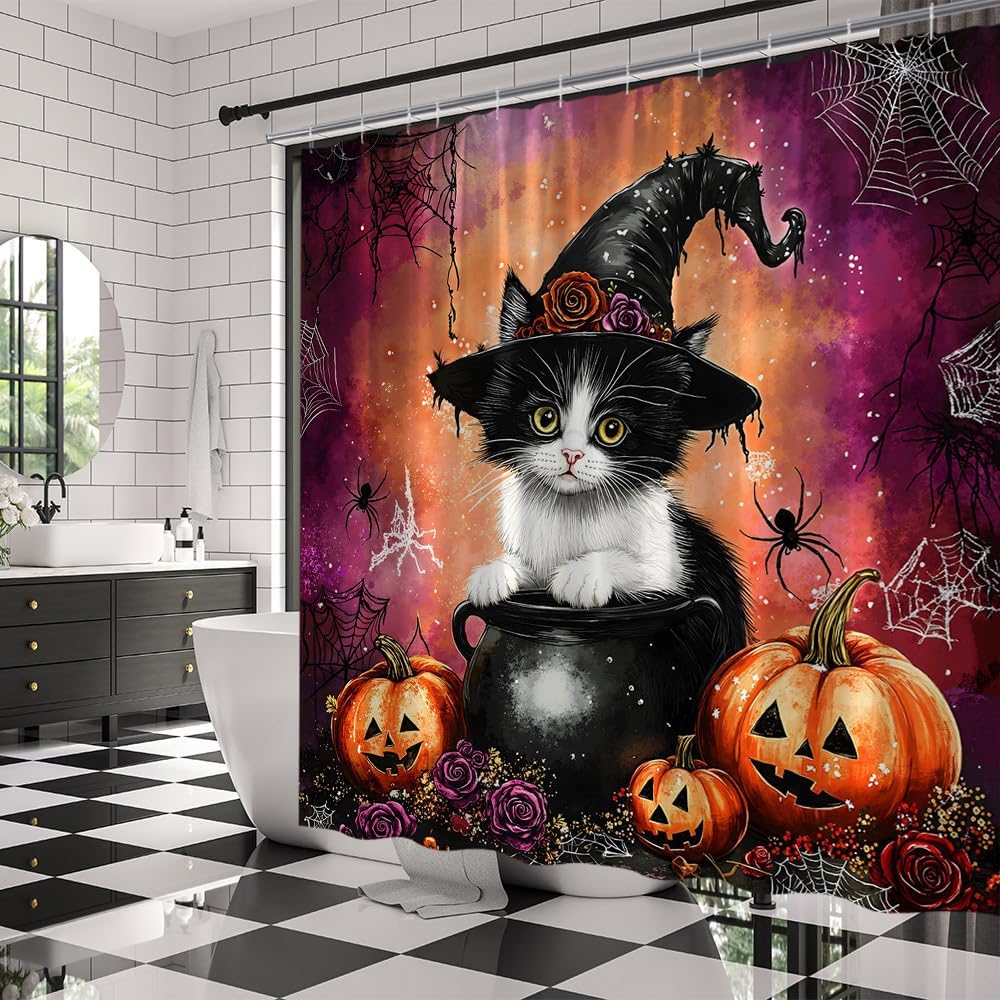 Halloween Shower Curtain Black Cat with Witch Hat Pumpkin Lantern Rose Floral Spider Web Gothic Spooky Kitten Fabric Bathroom Decor Curtains with Hooks,70 x 80
