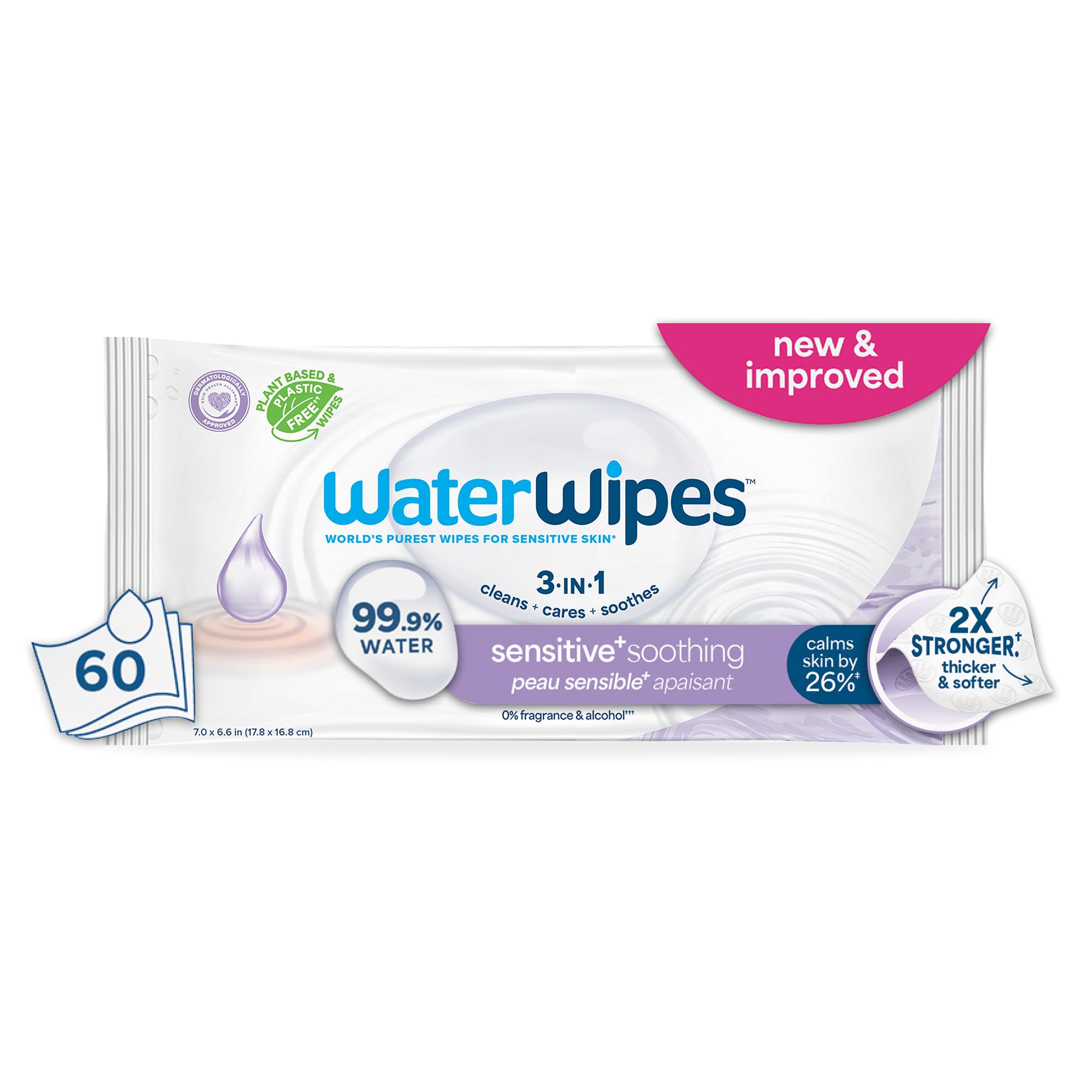 WaterWipesSensitive+ Soothing Wipes, 3-In-1 Cleans, Cares, Soothes, 99% Water with Botanical Extract, Unscented & Hypoallergenic Baby Wipes, 60 Count (1 Pack)