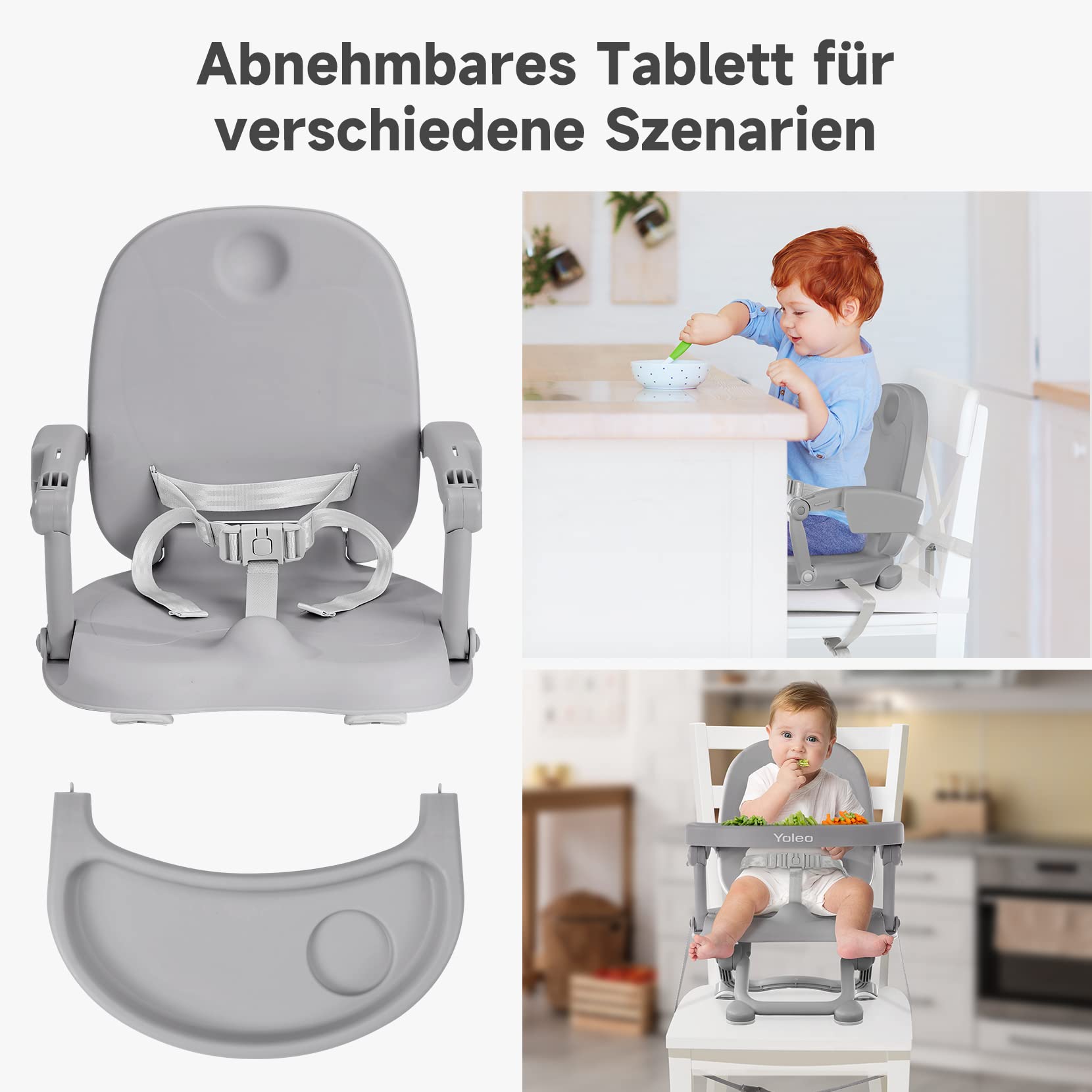Yoleo Hochstuhl für Kleinkinder, zusammenklappbar, kompakt, tragbar, Sitzerhöhung für Babys, Kinderstuhl auf Stuhl für Esstisch, Camping (Grau, ohne Kissen)