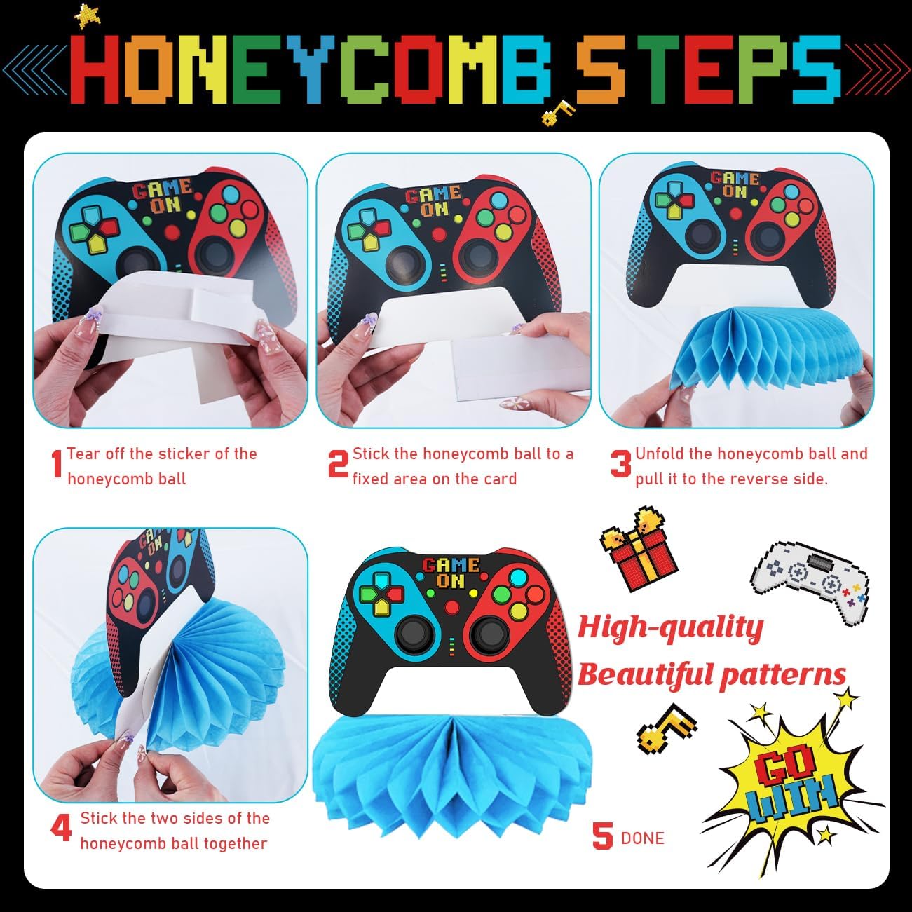 Gamer Birthday Party Decorations 206PCS Video Game Birthday Decorations with Game On Plates LEVEL UP Tablecloth Cups Napkins Go Win Backdrop Banner Balloons Hanging Swirls for Teenager,Serve 25