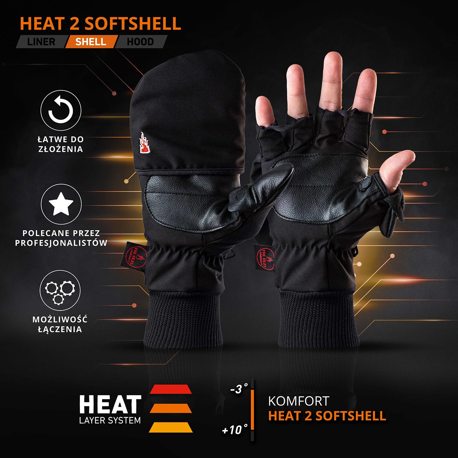 THE HEAT COMPANY - HEAT 2 SOFTSHELL - rękawiczki bez palców do ekranów dotykowych i mitenki w jednym - jakość premium - ciepłe rękawiczki zimowe i rowerowe - chronią przed zimnem podczas uprawiania sportu i pracy