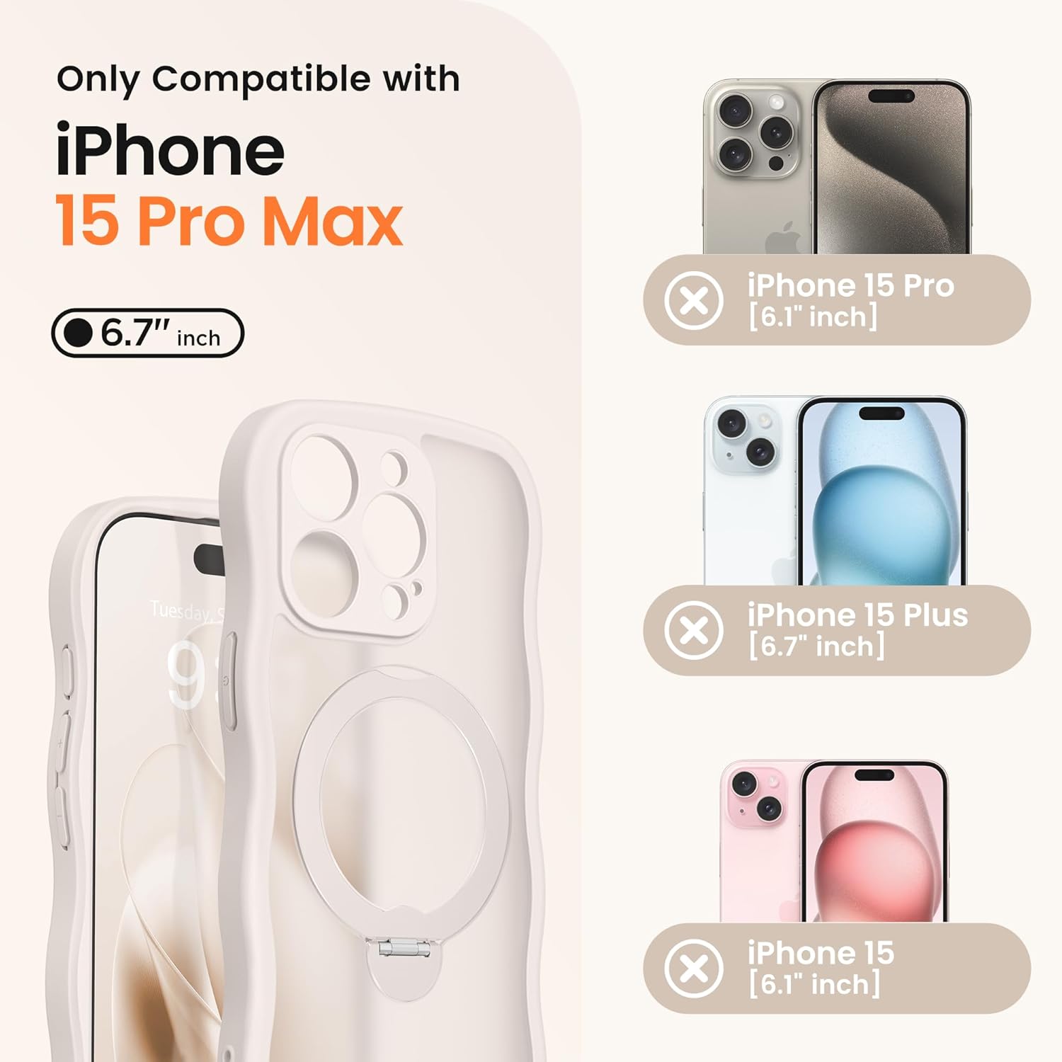 CAPRARO for iPhone 15 Pro Max Case with 360° Spin Magnetic Stand for Women, [Compatible with MagSafe] [Full Camera Protection] Cute Wave Translucent Matte Case for iPhone 15 Pro Max, Stone - Image 2