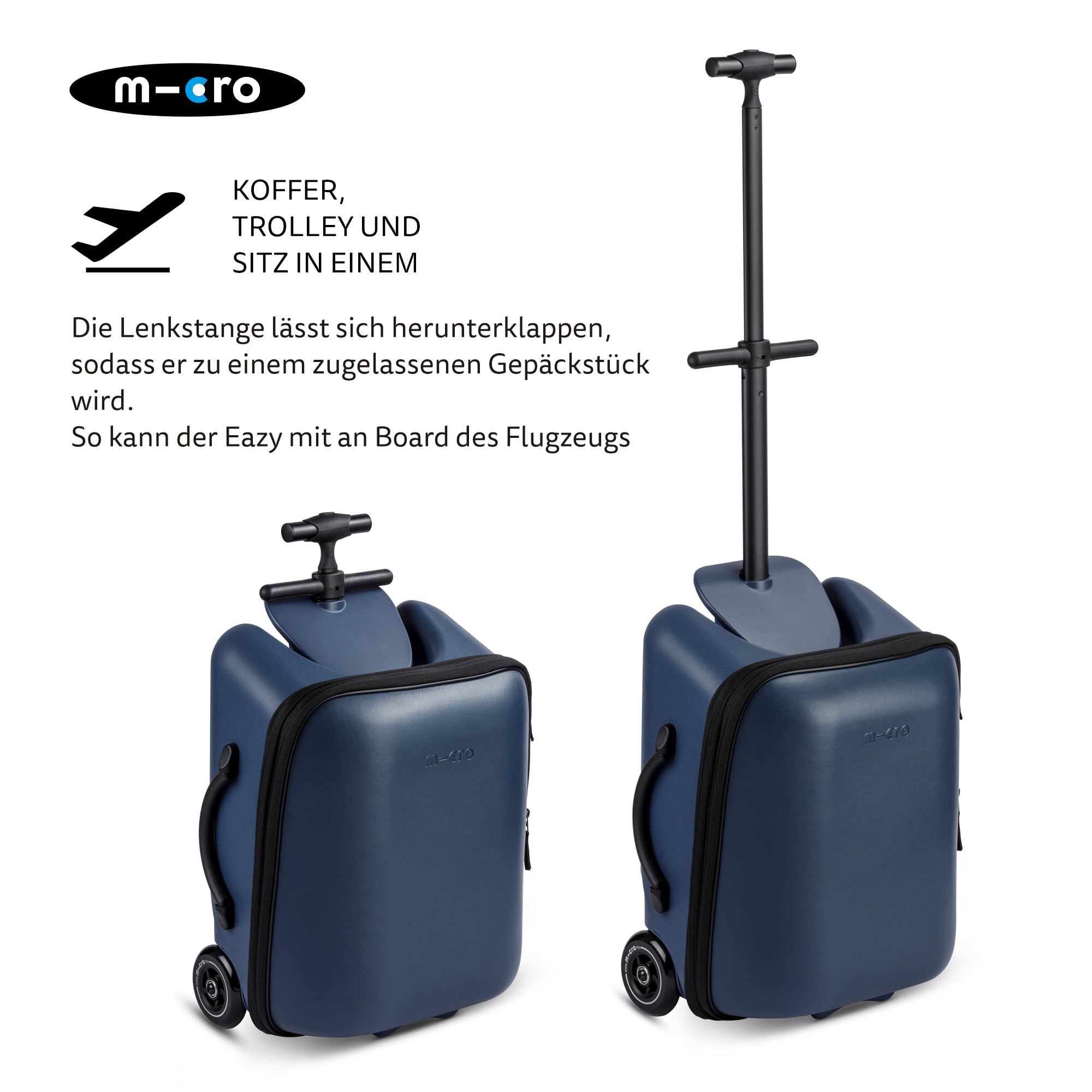 Micro™ Ride on Luggage Eazy Weekender | Das ORIGINAL | Reisetrolley mit Rollen | Höhenverstellbar & klappbar | Einkaufstrolley und Handgepäck konform | Koffer & Trolley in einem